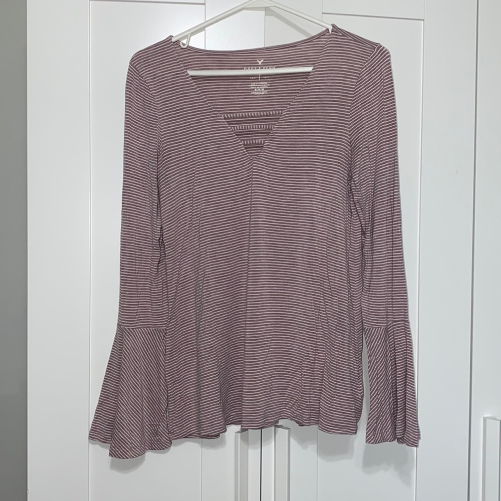 American Eagle Striped Soft & Sexy V-Neck Bell Sleeve Long- Sleeve Tee Size M